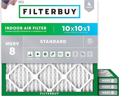 Filterbuy 10x10x1 Air Filter MERV 8 Essential Dust & Allergy Defense (4-Pack), Electrostatic Pleated HVAC AC Furnace Filters Replacement, Made in USA (Actual Size: 9.50 x 9.50 x 0.75)