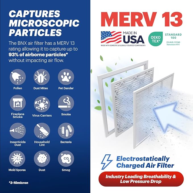 BNX TruFilter 18x24x1 Air Filter MERV 13 (6-Pack) - MADE IN USA - Electrostatic Pleated Air Conditioner HVAC AC Furnace Filters for Allergies, Pollen, Mold, Bacteria, Smoke, Allergen, MPR 1900 FPR 10