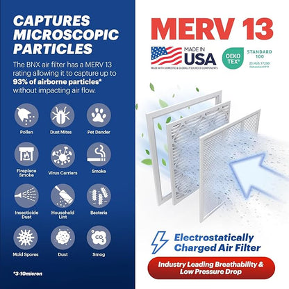 BNX TruFilter 18x24x1 Air Filter MERV 13 (6-Pack) - MADE IN USA - Electrostatic Pleated Air Conditioner HVAC AC Furnace Filters for Allergies, Pollen, Mold, Bacteria, Smoke, Allergen, MPR 1900 FPR 10