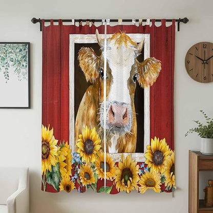Cows Sunflowers Living Room Curtains 84 Inch Length, Window Curtains Tab Top, Spring Floral Bees Farmhouse Barn Light Filtering Window Treatments Drapes 52"x84" 2 Panel