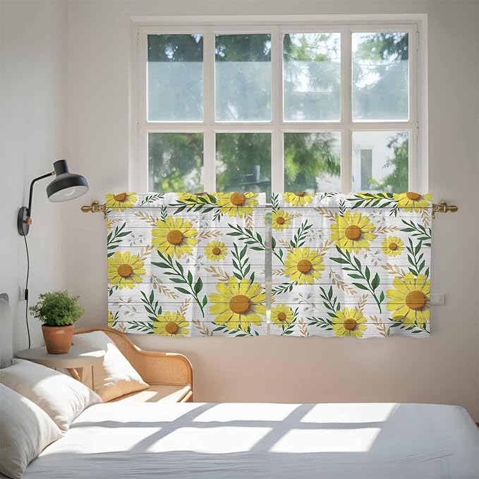 Yellow Daisy Tier Curtains, Farmhouse Country Flower Leaf Plant Wood Grain Light Filtering Kitchen Curtains, 2Pcs Rod Pocket Half Window Treatments Panels for Sink Cafe Cabinet Camper 27.5x36 Inches