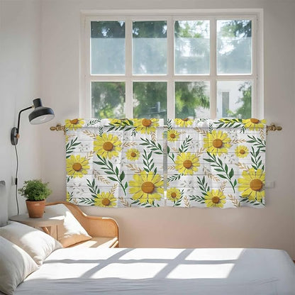 Yellow Daisy Tier Curtains, Farmhouse Country Flower Leaf Plant Wood Grain Light Filtering Kitchen Curtains, 2Pcs Rod Pocket Half Window Treatments Panels for Sink Cafe Cabinet Camper 27.5x36 Inches