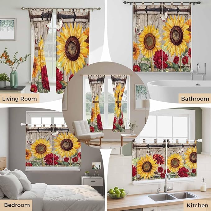 Sunflowers Kitchen Curtains 36 Inch Length, Small Window Curtains Tab Top, Retro Flower Barn Doors Butterfly Farmhouse Brown Light Filtering Short Window Treatments Tier Drapes 27.5"x36" 2 Panel