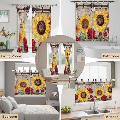 Sunflowers Kitchen Curtains 36 Inch Length, Small Window Curtains Tab Top, Retro Flower Barn Doors Butterfly Farmhouse Brown Light Filtering Short Window Treatments Tier Drapes 27.5"x36" 2 Panel