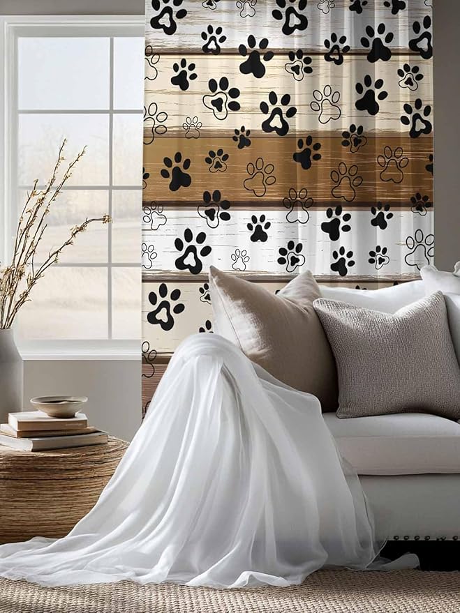 Sheer Curtains 63 Inch Length, Brown Beige Farmhouse Semi Sheer Curtains Light Filtering Window Treatment, Black Dog Paw Vintage Wooden Privacy Voile Drapes for Living Room Bedroom 52x63 Inch