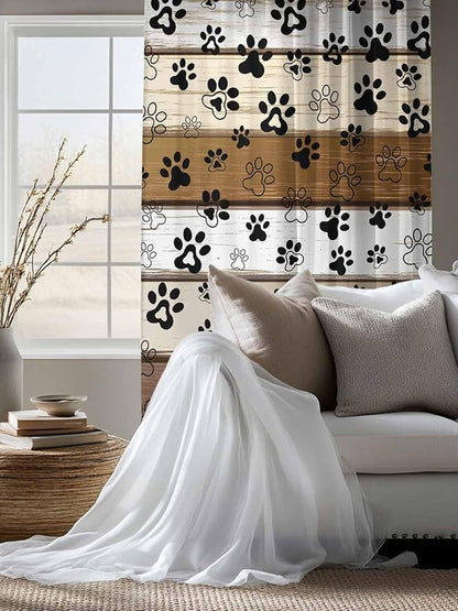Sheer Curtains 63 Inch Length, Brown Beige Farmhouse Semi Sheer Curtains Light Filtering Window Treatment, Black Dog Paw Vintage Wooden Privacy Voile Drapes for Living Room Bedroom 52x63 Inch