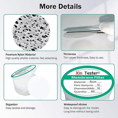 Xin Tester 100 Pieces Nylon Disc Membrane Filters, 50 mm Diameter, 10µm Pore Size