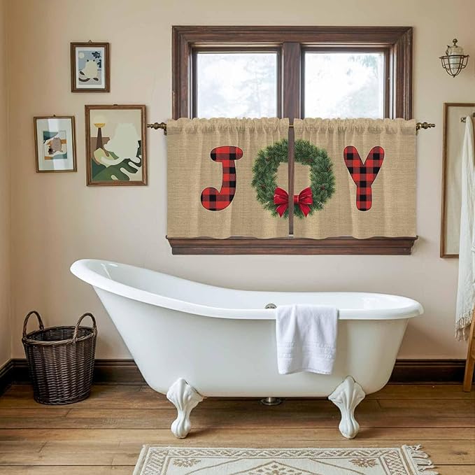Red Green Christmas Kitchen Tier Curtains 24 Inch Long 2 Panel Set,Rod Pocket Cafe Small Window Curtains Over Sink,Xmas Botanical Winter Farmhouse Short Drapes for Bathroom Cabinet 27.5"W x 24"L