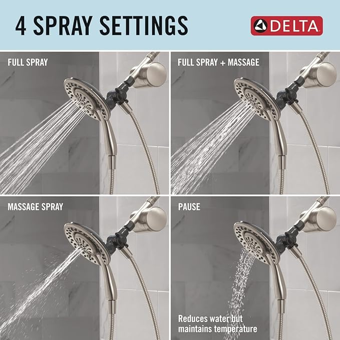 Delta 4-Setting In2ition 2-in-1 Dual Shower Head with Clarifi Standard Shower Filter Attachment, Brushed Nickel Shower Head with Filter, SpotShield Brushed Nickel 7SF110BSN