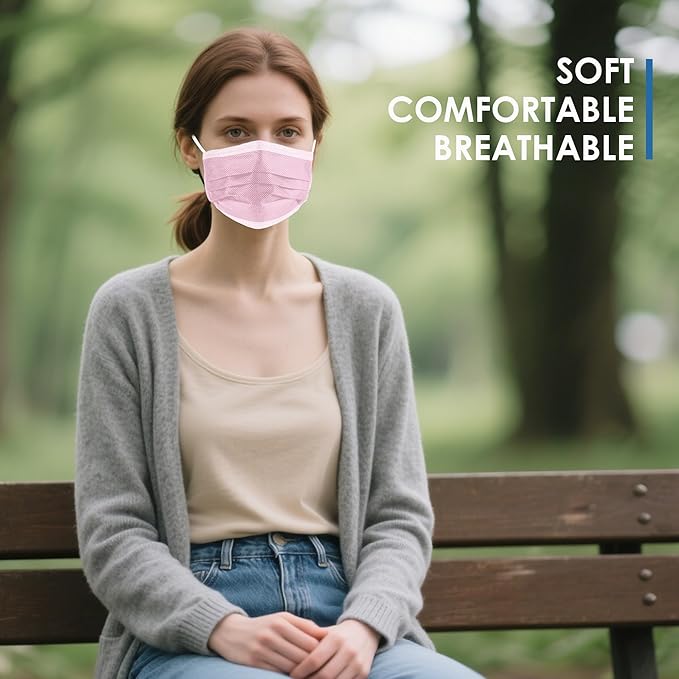 NNPCBT Pink Disposable Face Masks 125 Pack,3-Ply Breathable Mask For Adults,Great For Outdoors,Home, Office, School