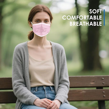 NNPCBT Pink Disposable Face Masks 125 Pack,3-Ply Breathable Mask For Adults,Great For Outdoors,Home, Office, School
