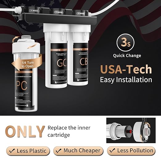 Water Filter for Sink with Faucet, 3-Stage Deep Filtration, Reduce Heavy Metals/Chlorine/PFAS/Odor/Sediment, NSF/ANSI 42&53 Improve Taste, Life Indication Mineral pH+ Under Sink Water Filter