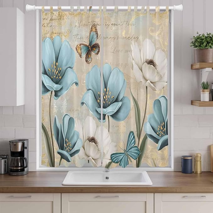 Spring Flowers Living Room Curtains 84 Inch Length, Window Curtains Tab Top, Vintage Rustic Tulips Floral Butterfly Khaki Light Filtering Window Treatments Drapes 52"x84" 2 Panel