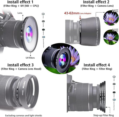 43mm to 62mm Lens adapter/43mm Lens to 62mm Camera Filters Ring Compatible All 43mm Camera Lenses to 62mm UV CPL ND Filter Accessory and 62mm Camera Accessory