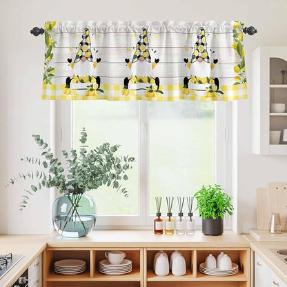 Lemon Gnomes Kitchen Curtains Set 3 Piece for Windows, Rod Pocket Valance and Tier Set 24 Inch Length, Summer Botanical Fruit Wooden Grain Plaid Light Filtering Cafe Curtains for Living Room Bathroom