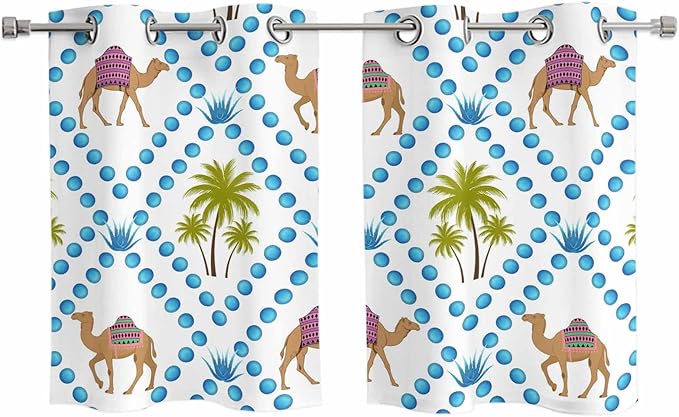 2 Panel Kitchen Cafe Curtains, Camels Palm Trees Sunlight Filtering Nature Air Through, Home Decor Window Covering Tier Curtains for Living Room 55W x 39L inch Tropical Desert Animal Plants Polka Dot