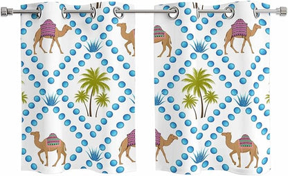 2 Panel Kitchen Cafe Curtains, Camels Palm Trees Sunlight Filtering Nature Air Through, Home Decor Window Covering Tier Curtains for Living Room 55W x 39L inch Tropical Desert Animal Plants Polka Dot
