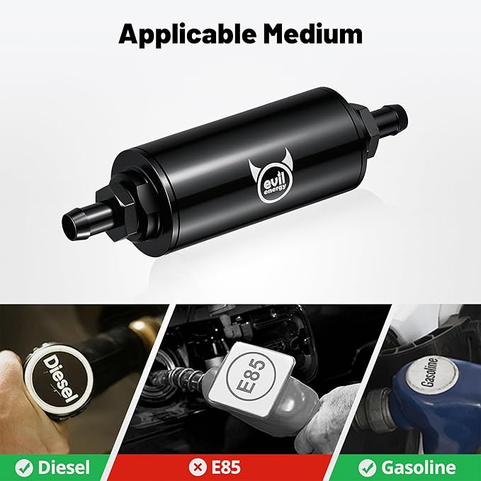 EVIL ENERGY Inline Fuel Filter 30 Micron with Barb 1/2", 3/8", 5/16" Fitting Adapter 60MM Universal Aluminum Black, for Gasoline, Diesel, Rubber Fuel Line, Car EFI & Carb Fuel Systems