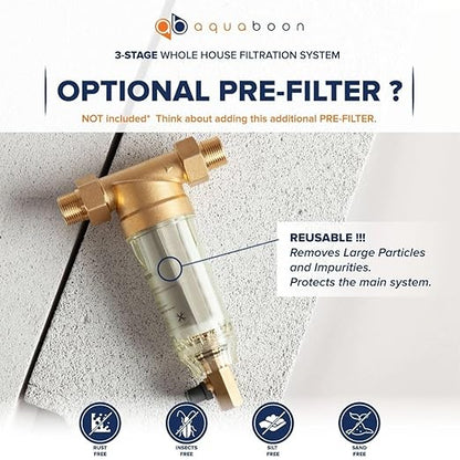 Aquaboon 3-Stage Water Filter System for Well Water with 5 Micron 10x4.5 Water Purification Reducing Sediment, Carbon Chlorine Reduction and Iron & Manganese Filters, Pressure Gauges, Iron Bracket