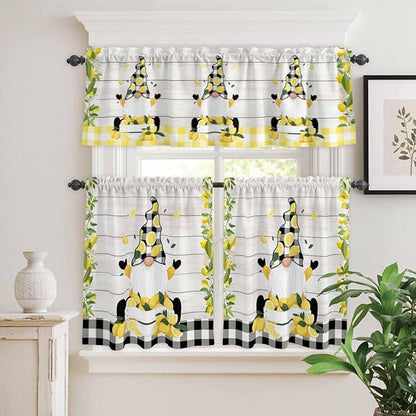 Lemon Gnomes Kitchen Curtains Set 3 Piece for Windows, Rod Pocket Valance and Tier Set 24 Inch Length, Summer Botanical Fruit Wooden Grain Plaid Light Filtering Cafe Curtains for Living Room Bathroom