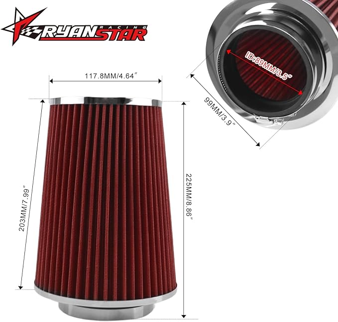 RYANSTAR RACING 89mm 3.5" High Flow Round Tapered Cone Closed-Top Washable Clamp-On Dry Air Filter Compatible with Truck