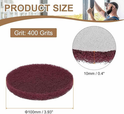 HARFINGTON 24pcs Scrubber Scouring Pads 400 Grits 4 Inch Drill Power Brush Hoop and Loop Surface Conditioning Disc Drill Scuffing Disc Scrub Pads for Home Kitchen Cleaning, Red