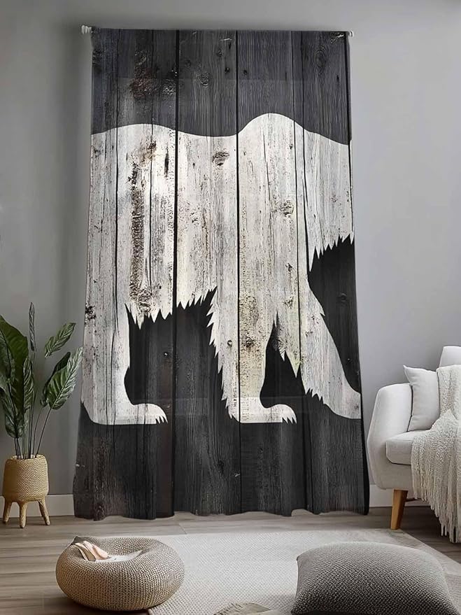 Sheer Curtains 84 Inches Long, White Brown Bear Semi Sheer Curtains Light Filtering Window Treatment, Farmhouse Country Rustic Wooden Grain Privacy Voile Drapes for Living Room Bedroom 52x84 Inch