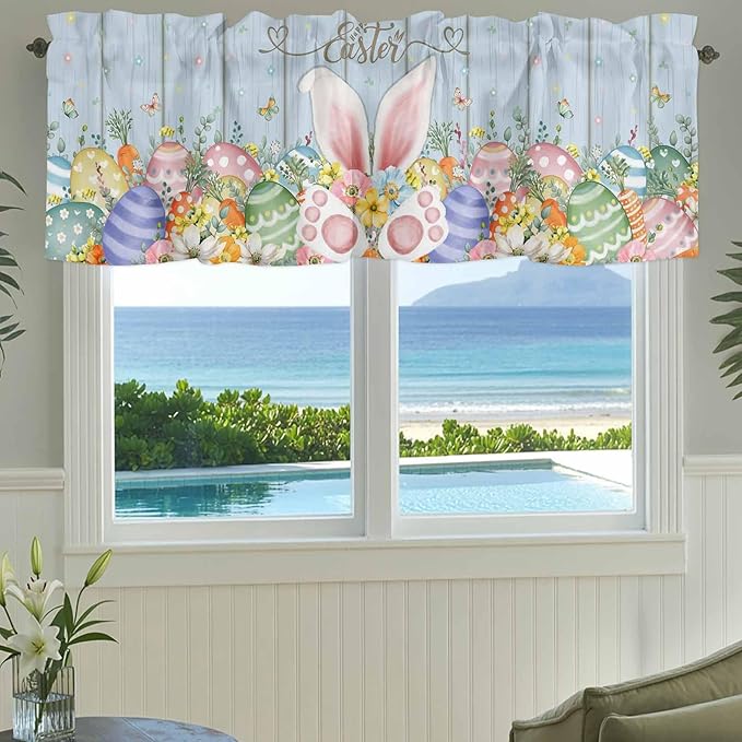 Easter Curtain Valances for Windows, Kitchen Valance Window Treatment, Spring Eggs Rabbit Ear Flowers Wooden Grain Light Filtering Block Curtains for Bathroom/Bedroom/Living Room 42'' x 18''