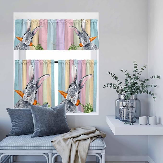 Easter Kitchen Curtain Set, Spring Grey Rabbit Carrots Colorful Wooden Plank Window Valance and Tiers 24" Length, Light Filtering Short Curtains Valance for Cafe Bathroom Bedroom 54"x18"