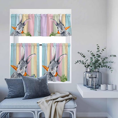 Easter Kitchen Curtain Set, Spring Grey Rabbit Carrots Colorful Wooden Plank Window Valance and Tiers 24" Length, Light Filtering Short Curtains Valance for Cafe Bathroom Bedroom 54"x18"