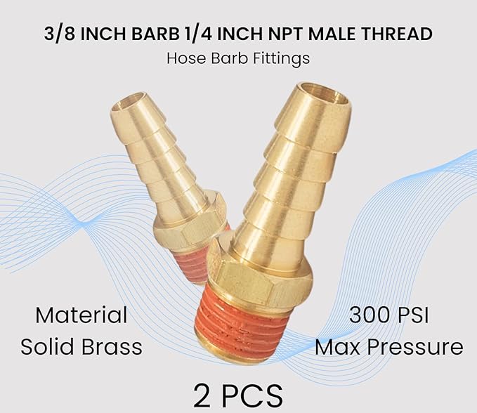 2 Pack Brass Air Hose Barb Fittings Adapter Set, 3/8 Inch Barb to 1/4 Inch NPT Male Pipe, Air Hose Repair Kit Connectors with Sealant