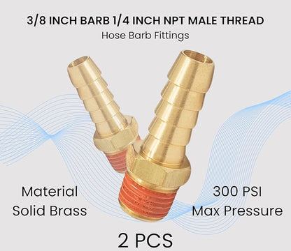 2 Pack Brass Air Hose Barb Fittings Adapter Set, 3/8 Inch Barb to 1/4 Inch NPT Male Pipe, Air Hose Repair Kit Connectors with Sealant