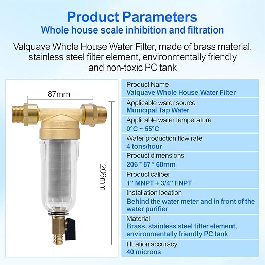 Whole House Spin Down Sediment Water Filter, 40 Micron, Reusable and Flushable Prefilter, 1" MNPT + 3/4" FNPT + 3/4" MNPT for City/Well Water, Lead-Free Brass, BPA-Free
