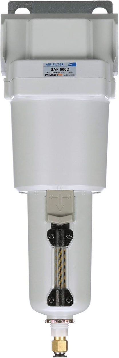 PneumaticPlus SAF600-N10BD-MEP Compressed Air Particulate Filter 1" NPT, 10 Micron - Metal Bowl w/Auto Drain, Bracket