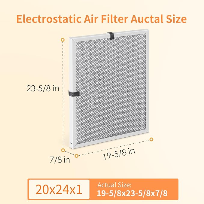 2-Pack 20x24x1 MERV 8 Reusable & Washable Electrostatic Air Filters - Long-Lasting Filter for HVAC, Furnace & Air Conditioner Units, Actual Size: 19-5/8” x 23-5/8” x 7/8”