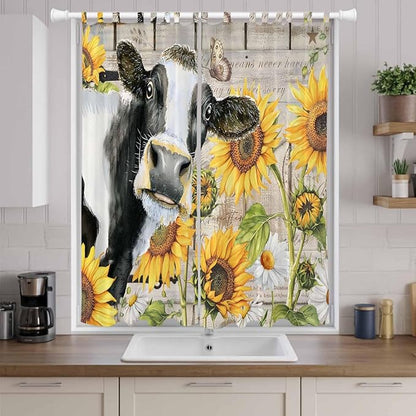 Yellow Sunflowers Living Room Curtains 84 Inch Length, Window Curtains Tab Top, Farmhouse Cow Barn Doors Floral Butterfly Light Filtering Window Treatments Drapes 52"x84" 2 Panel