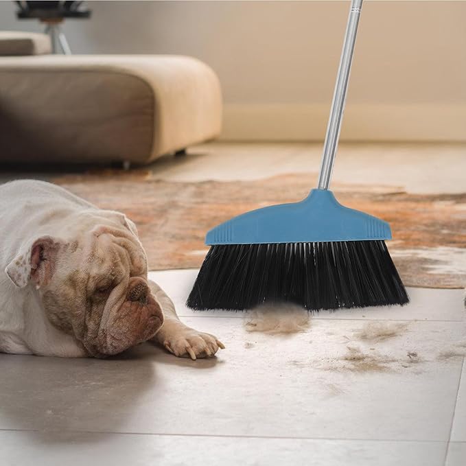 BESPORTBLE Soft Bristle Broom Dustpan Set Blue Floor Sweeping Broom Non-Stick Hair Design Home Kitchen Patio Garage Use