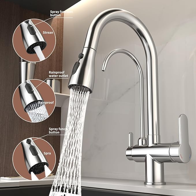 Kitchen Sink Faucet with Pull - Down Sprayer, 2 - Handle 3 - in - 1 Kitchen Sink Filter Faucet, Cold and Hot Mixer Drinking Water Faucet (3-in-1 Filter Faucet, Chrome)