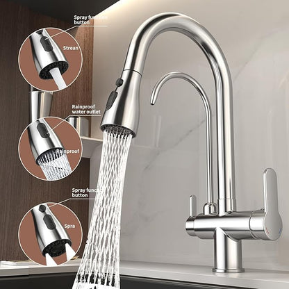 Kitchen Sink Faucet with Pull - Down Sprayer, 2 - Handle 3 - in - 1 Kitchen Sink Filter Faucet, Cold and Hot Mixer Drinking Water Faucet (3-in-1 Filter Faucet, Chrome)