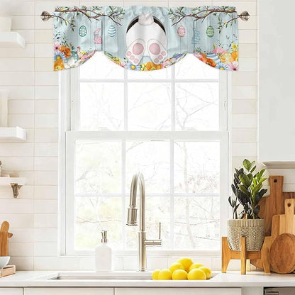Easter Bunny Tie Up Valance Curtains for Windows, Kitchen Curtains Window Shades, Easter Eggs Spring Farmhouse Wood Grain Teal Blue Light Filtering Curtain Valances for Bedroom/Bathroom/Cafe 42"x18"