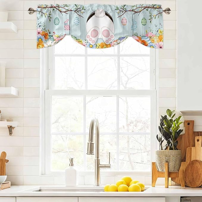 Easter Bunny Tie Up Valance Curtains for Windows, Kitchen Curtains Window Shades, Easter Eggs Spring Farmhouse Wood Grain Teal Blue Light Filtering Curtain Valances for Bedroom/Bathroom/Cafe 42"x12"