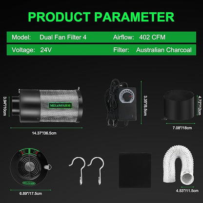 MELONFARM Dual-Fan Air Filter 4 Inch Dual-fan power boosts air circulation, Controller for Odor Control, Grow Tent,Air circulation in confined spaces