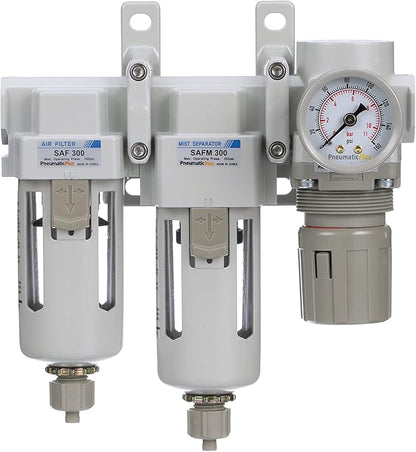 PneumaticPlus SAU330-N03G Three Stage Compressed Air Drying System - Particulate Air Filter, Coalescing Filter, Air Pressure Regulator Combo 3/8" NPT - Poly Bowl, Manual Drain, Gauge