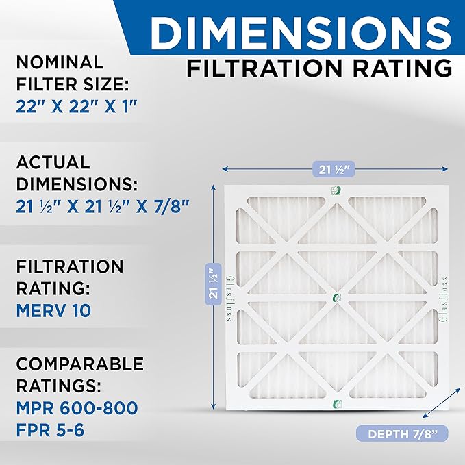 Glasfloss 22x22x1 MERV 10 (FPR 5-6) Pleated Air Filters Box of 6. Actual Size: 21-1/2 x 21-1/2 x 7/8