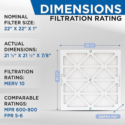 Glasfloss 22x22x1 MERV 10 (FPR 5-6) Pleated Air Filters Box of 6. Actual Size: 21-1/2 x 21-1/2 x 7/8