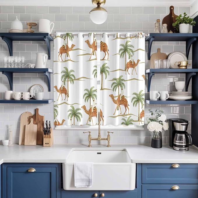 2 Panel Kitchen Cafe Curtains, Desert Camels Sunlight Filtering Nature Air Through, Home Decor Window Covering Tier Curtains for Bedroom Living Room 104W x 84L inch Tropical Date Palm Trees Animal