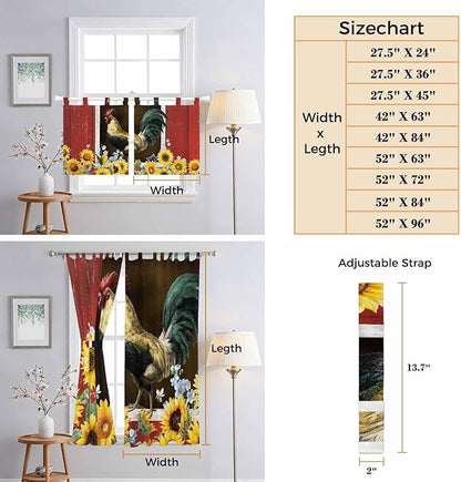 Chicken Sunflowers Bedroom Curtains 63 Inch Length, Window Curtains Tab Top, Farmhouse Animals Red Barn Bees Light Filtering Window Treatments Drapes 42"x63" 2 Panel