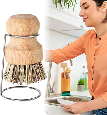 Kitchen Brush, Scrubber Cleaner with Wooden Handle and Drain Rack, Dish Scrubber for Sink Pots Pans Shower Bathroom Grout Tile Washing