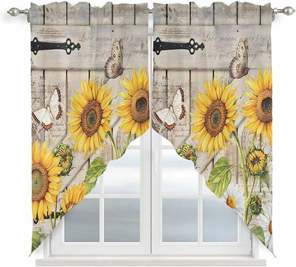 Farm Flowers Swag Valances for Windows, Retro Sunflowers Barn Doors Butterfly Wood Board Rod Pocket Kitchen Curtains Valance, Small Window Curtains Swag for Cafe Living Room, 2 Panels, 36x36 inch