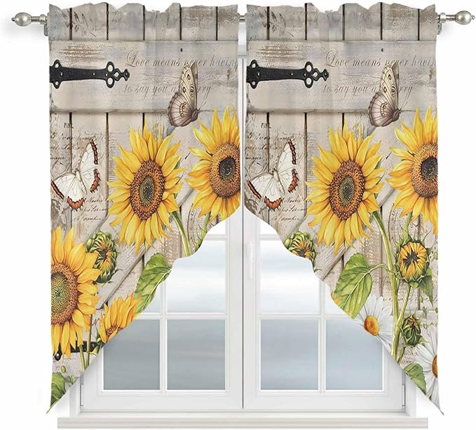 Farm Flowers Swag Valances for Windows, Retro Sunflowers Barn Doors Butterfly Wood Board Rod Pocket Kitchen Curtains Valance, Small Window Curtains Swag for Cafe Living Room, 2 Panels, 28x36 inch